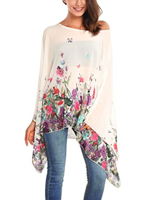 DJT Women's Floral Printed Chiffon Caftan Poncho Tunic Top