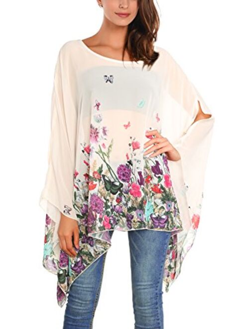 DJT Women's Floral Printed Chiffon Caftan Poncho Tunic Top