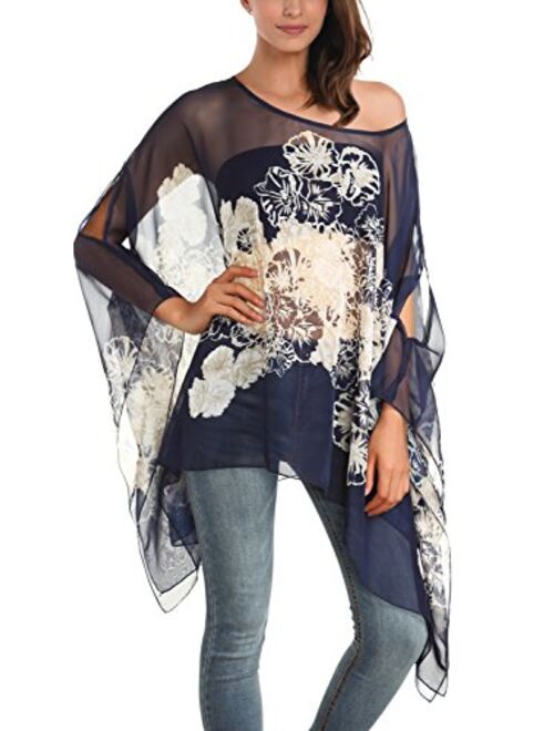 DJT Women's Floral Printed Chiffon Caftan Poncho Tunic Top