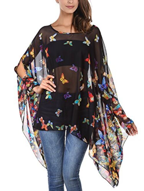 DJT Women's Floral Printed Chiffon Caftan Poncho Tunic Top