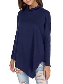 levaca Women's Long Batwing Sleeve Turtleneck Hankerchief Hem Loose Casual Tunic