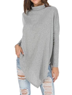 levaca Women's Long Batwing Sleeve Turtleneck Hankerchief Hem Loose Casual Tunic