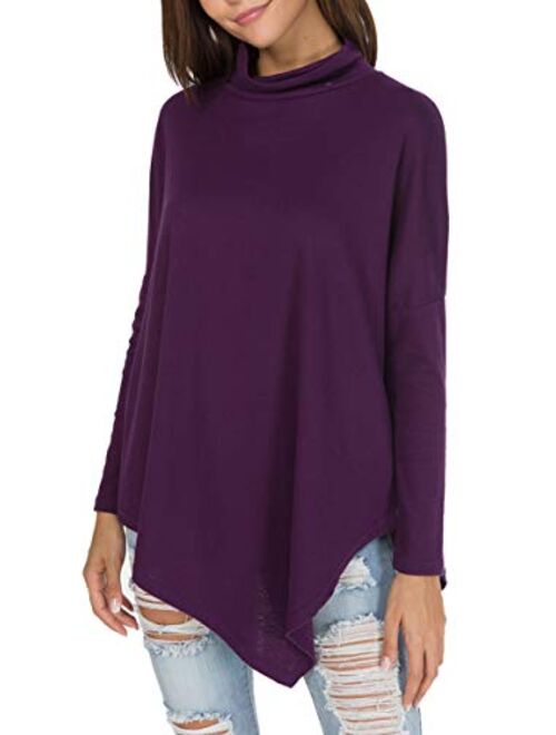 levaca Women's Long Batwing Sleeve Turtleneck Hankerchief Hem Loose Casual Tunic