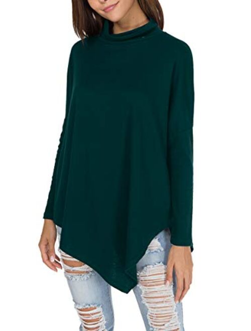 levaca Women's Long Batwing Sleeve Turtleneck Hankerchief Hem Loose Casual Tunic