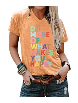 Women's Fun Happy Graphic Tees Cute Short Sleeve Letter Printed T-Shirts Top