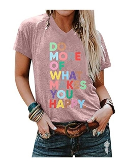 Women's Fun Happy Graphic Tees Cute Short Sleeve Letter Printed T-Shirts Top