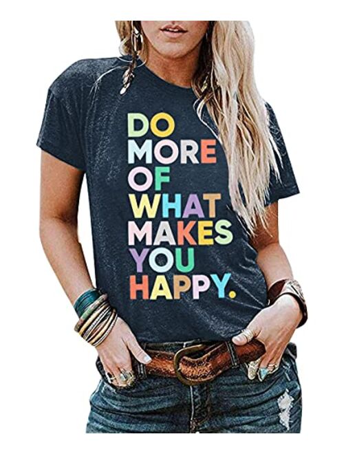 Women's Fun Happy Graphic Tees Cute Short Sleeve Letter Printed T-Shirts Top