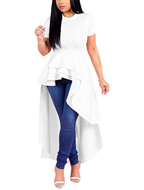 Peplum Tops for Women - High Low Dresses Ruffle Short Sleeve Tunic Shirt