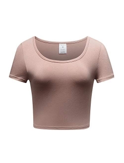 OThread & Co. Women's Basic Crop Tops Stretchy Casual Scoop Neck Cap Sleeve Shirt