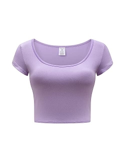 OThread & Co. Women's Basic Crop Tops Stretchy Casual Scoop Neck Cap Sleeve Shirt