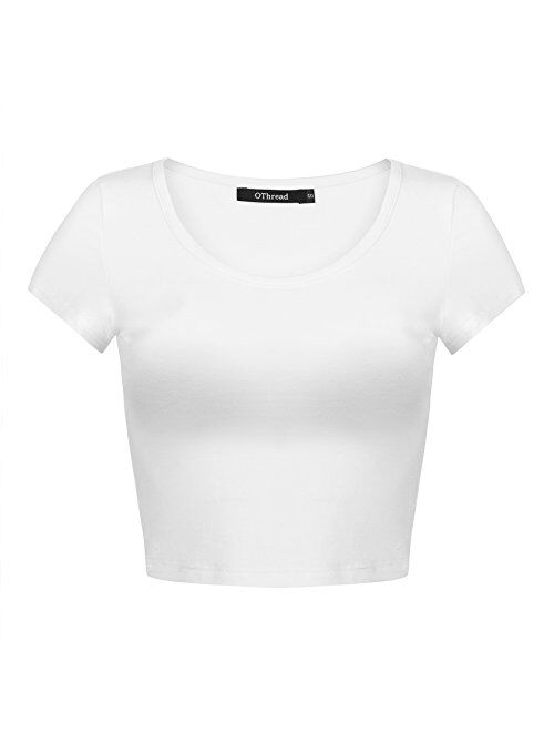 OThread & Co. Women's Basic Crop Tops Stretchy Casual Scoop Neck Cap Sleeve Shirt