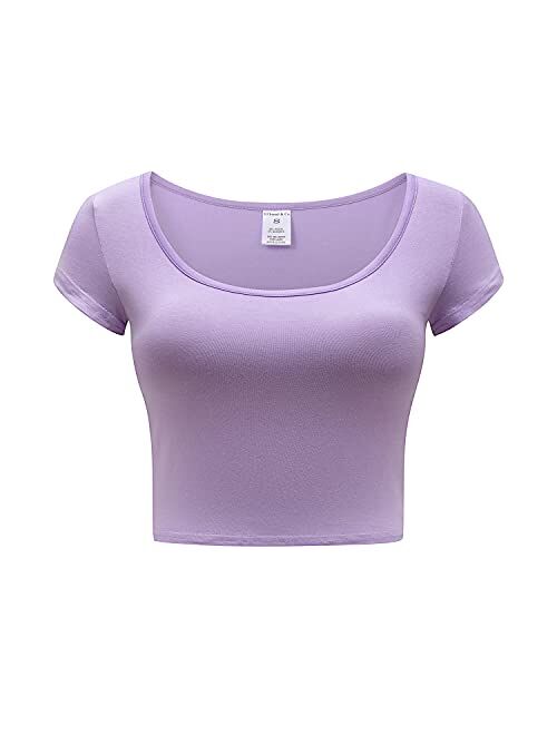 OThread & Co. Women's Basic Crop Tops Stretchy Casual Scoop Neck Cap Sleeve Shirt