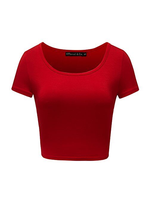 OThread & Co. Women's Basic Crop Tops Stretchy Casual Scoop Neck Cap Sleeve Shirt