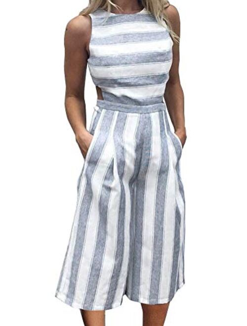 FANCYINN Womens Striped Jumpsuits Sleeveless Wide Leg Pants Backless Romper Loose Playsuit with Pockets