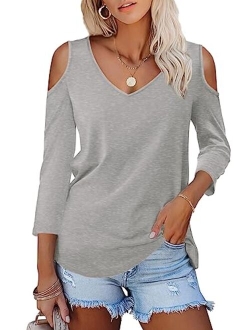 Amoretu Womens' Tops T Shirt with Short 3/4 Sleeve V Neck