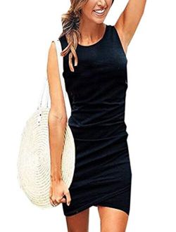 Womens Bodycon Dress Casual Tshirt Dresses Ruched Dress Mini Short Irregular Hem