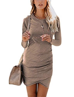 Womens Bodycon Dress Casual Tshirt Dresses Ruched Dress Mini Short Irregular Hem