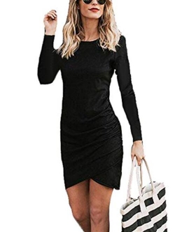 Womens Bodycon Dress Casual Tshirt Dresses Ruched Dress Mini Short Irregular Hem