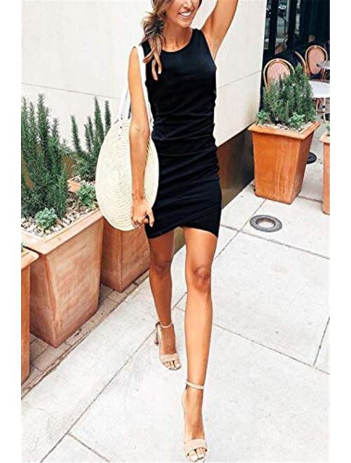 Womens Bodycon Dress Casual Tshirt Dresses Ruched Dress Mini Short Irregular Hem