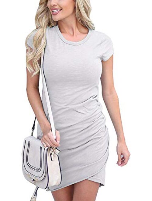 Womens Bodycon Dress Casual Tshirt Dresses Ruched Dress Mini Short Irregular Hem