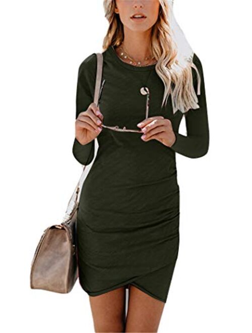 Womens Bodycon Dress Casual Tshirt Dresses Ruched Dress Mini Short Irregular Hem