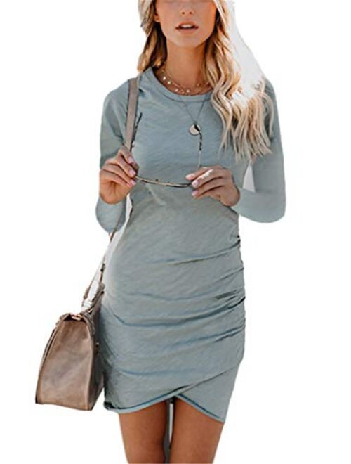 Womens Bodycon Dress Casual Tshirt Dresses Ruched Dress Mini Short Irregular Hem