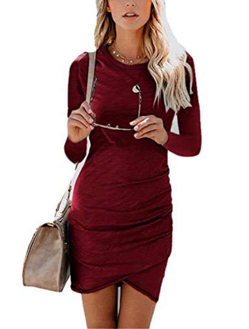 Womens Bodycon Dress Casual Tshirt Dresses Ruched Dress Mini Short Irregular Hem