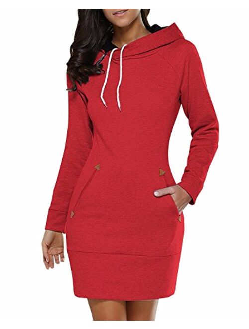 Women's Long Sleeve Cotton Slim Fit Midi Hoodie Dress with Pocket S-5XL