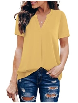 Timeson Women's V Neck Short Sleeve Curved Hem Sheer Chiffon Blouse Shirts Tops