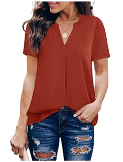 Timeson Women's V Neck Short Sleeve Curved Hem Sheer Chiffon Blouse Shirts Tops