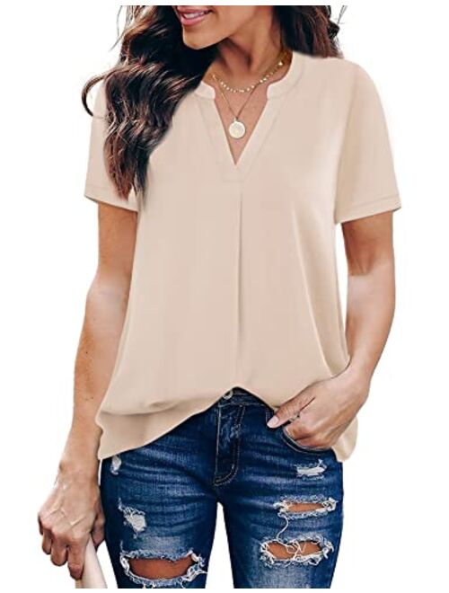 Timeson Women's V Neck Short Sleeve Curved Hem Sheer Chiffon Blouse Shirts Tops