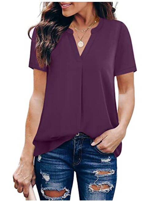 Timeson Women's V Neck Short Sleeve Curved Hem Sheer Chiffon Blouse Shirts Tops