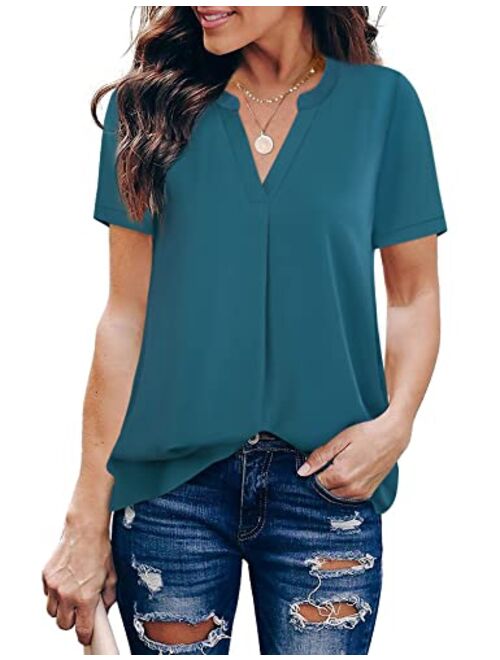 Timeson Women's V Neck Short Sleeve Curved Hem Sheer Chiffon Blouse Shirts Tops