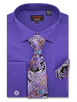 Christopher Tanner Men's Solid Micro Pattern Regular Fit French Cuffs Dress Shirts with Tie Hanky Cufflinks Combo