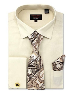 Christopher Tanner Men's Solid Micro Pattern Regular Fit French Cuffs Dress Shirts with Tie Hanky Cufflinks Combo