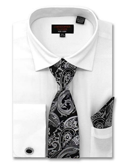 Christopher Tanner Men's Solid Micro Pattern Regular Fit French Cuffs Dress Shirts with Tie Hanky Cufflinks Combo