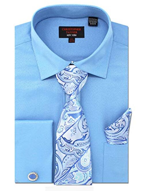 Christopher Tanner Men's Solid Micro Pattern Regular Fit French Cuffs Dress Shirts with Tie Hanky Cufflinks Combo