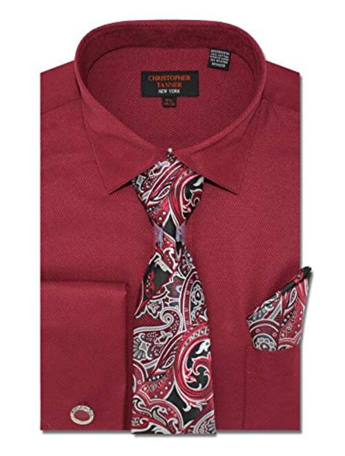 Christopher Tanner Men's Solid Micro Pattern Regular Fit French Cuffs Dress Shirts with Tie Hanky Cufflinks Combo