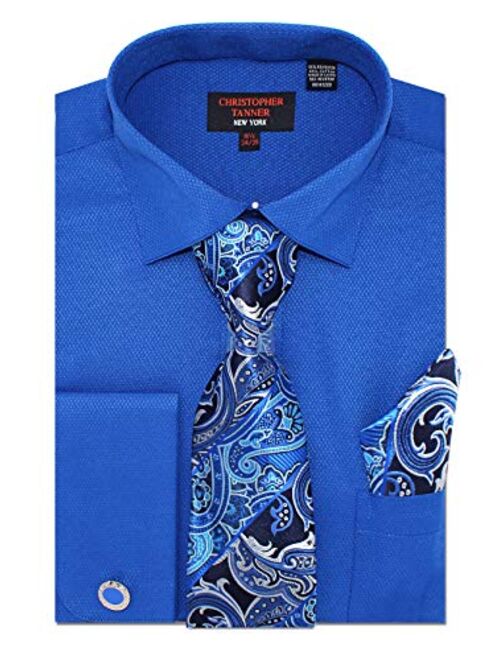 Christopher Tanner Men's Solid Micro Pattern Regular Fit French Cuffs Dress Shirts with Tie Hanky Cufflinks Combo