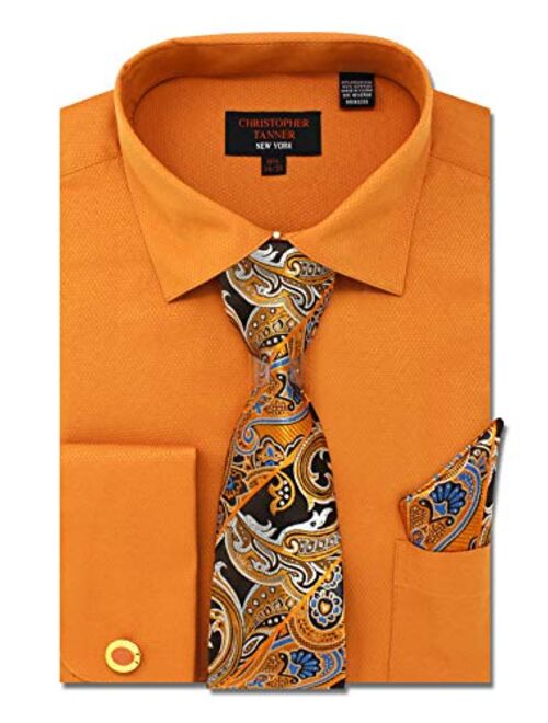 Christopher Tanner Men's Solid Micro Pattern Regular Fit French Cuffs Dress Shirts with Tie Hanky Cufflinks Combo