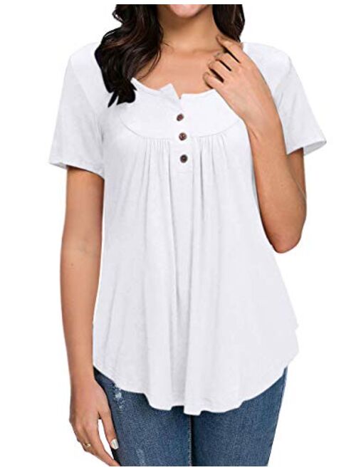 HAOMEILI Women's Shirts Casual Blouse Short Sleeve Ruffle Button Up Tunic Tops Solid Color Fit Flare