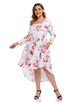 AMZ PLUS Womens Plus Size Dresses Loose Flare High Low Casual Midi Floral Dresses with Pockets