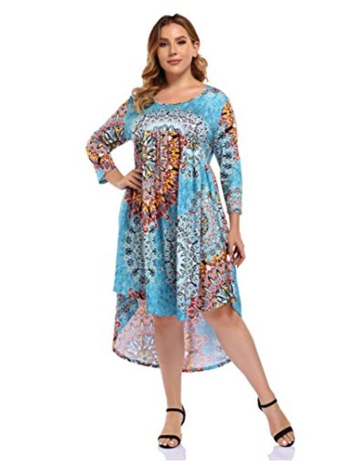 AMZ PLUS Womens Plus Size Dresses Loose Flare High Low Casual Midi Floral Dresses with Pockets