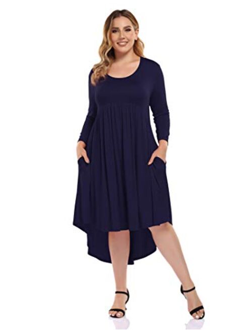 AMZ PLUS Womens Plus Size Dresses Loose Flare High Low Casual Midi Floral Dresses with Pockets