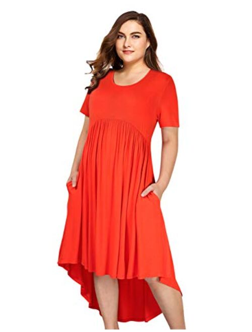 AMZ PLUS Womens Plus Size Dresses Loose Flare High Low Casual Midi Floral Dresses with Pockets