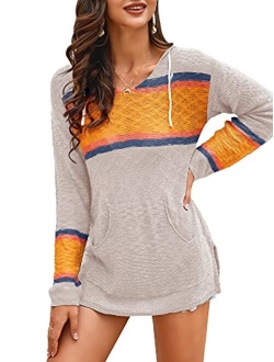 Ferbia Women Boho Sweater Hooded Hoodie Baja Colorblock Pullover Striped V Neck Mexican Knit Sweatshirt Poncho