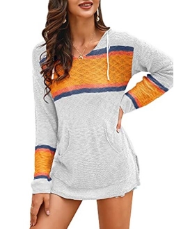 Ferbia Women Boho Sweater Hooded Hoodie Baja Colorblock Pullover Striped V Neck Mexican Knit Sweatshirt Poncho