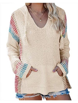 Ferbia Women Boho Sweater Hooded Hoodie Baja Colorblock Pullover Striped V Neck Mexican Knit Sweatshirt Poncho