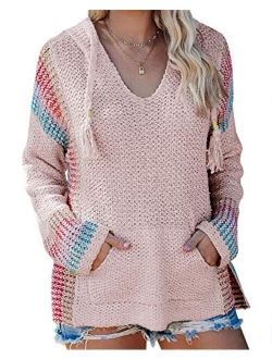 Ferbia Women Boho Sweater Hooded Hoodie Baja Colorblock Pullover Striped V Neck Mexican Knit Sweatshirt Poncho