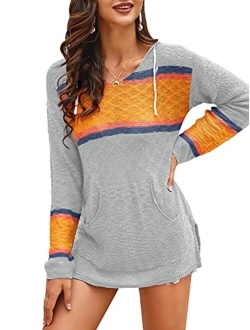 Ferbia Women Boho Sweater Hooded Hoodie Baja Colorblock Pullover Striped V Neck Mexican Knit Sweatshirt Poncho